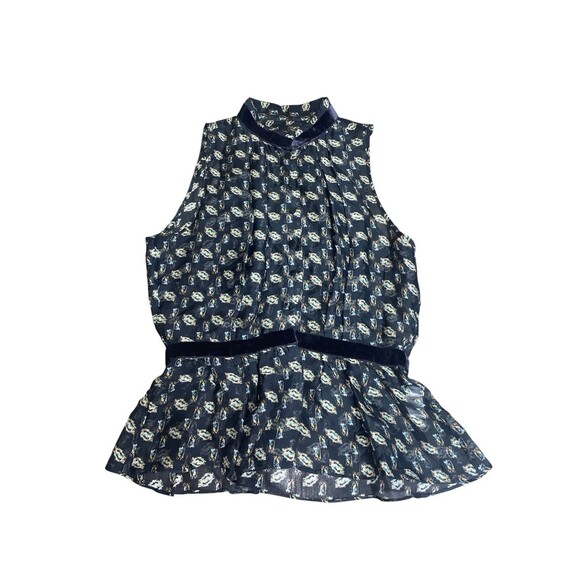 Theysken’s Theory Printed Sheer Button Down Blouse Size Small Velvet Trim - Picture 1 of 2